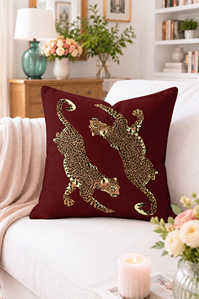 Home Leopar Figürlü Bordo Zemin Kırlent Kılıfı - Hayvan Desenli Dekoratif Yas...