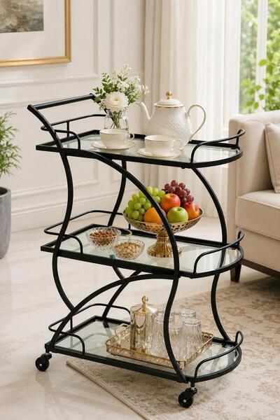 Generic Black Metal and Glass Rolling Serving Cart (3 Tiers)