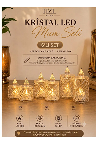 HZL HOME Kristal Tasarım 6'lı Led Mum Seti - Warm Işık Pilli Dekoratif Mum