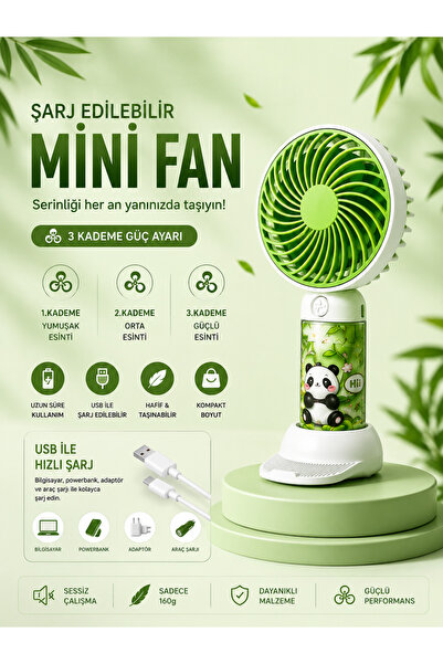 Genel Markalar Panda Figürlü Şarj Edilebilir Mini El Fanı – USB Şarjlı, 3 Kad...