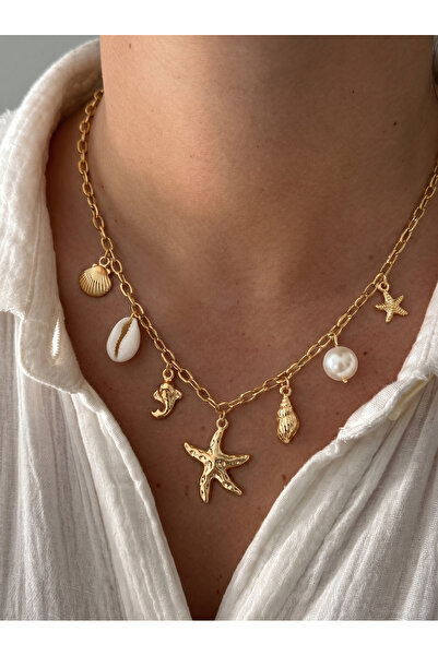 Esdem Accessories Altın Sarısı İncili Ve Deniz Yıldızlı Şans Kolyesi