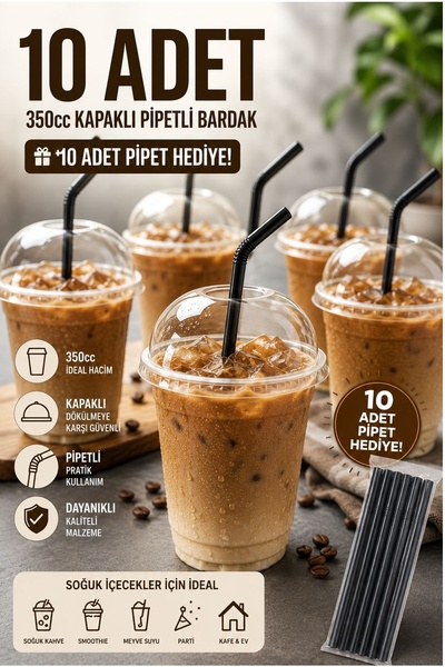 Kitchen Beauty 10 Adet 350 cc Kapaklı Pipetli Sert Plastik Bardak Pet Bardak ...