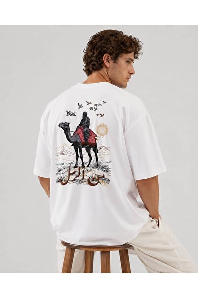 CANMODA Unisex White Oversize Ethnic Desert and Camel Figure Back Print T-Shirt
