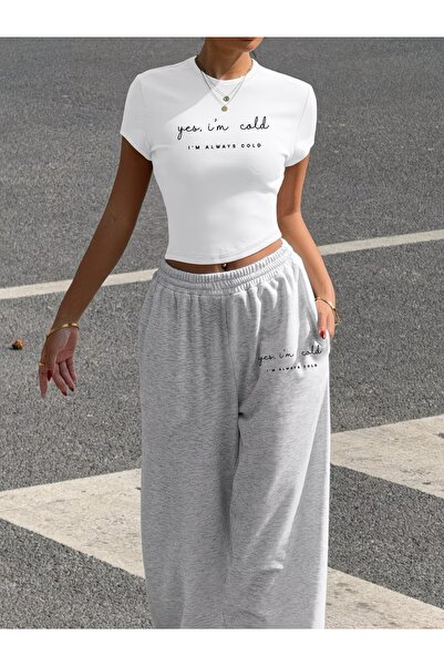 macklin Women's Yes I'M Cold Printed Baby Tee Combed Cotton Crop and Sweatpan...