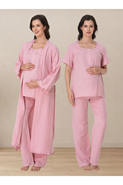 ByLohusa Muslin Fabric Dressing Gown Maternity Nursing Pajama Set Effortt - Pink