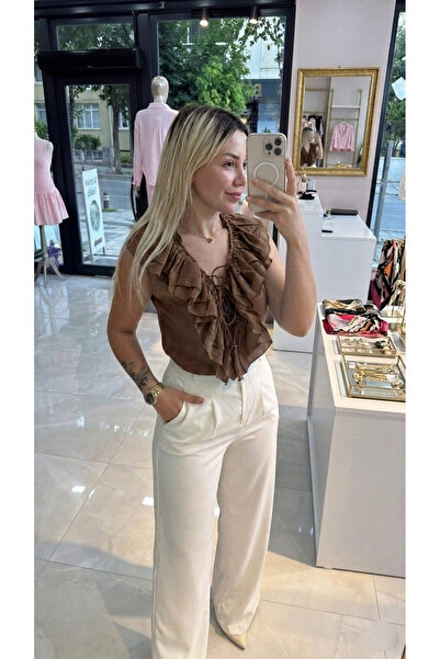 Lovely butik Women's Ruffle Lace-Up Blouse - Linen Textured Summer Sleeveless...