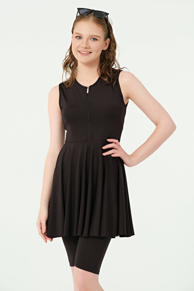 ALFASA Flared Skirt Zero Sleeve Semi-Closed Swimsuit with Zipper 25830-26 Black