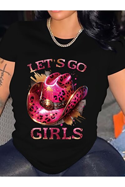 STITCHLY تي شيرت نسائي بطبعة "Let's Go" - قميص وردي وأسود بنقشة الفهد بأكمام ...