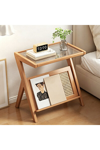 genric FFD Z-Shaped End Table with Corrugated Glass Top & Bamboo Storage Shel...