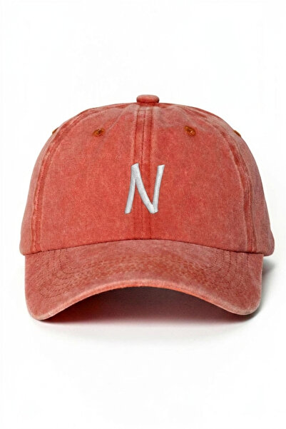ŞapkaMania Orange Embroidered Washable Vintage Unisex Hat with Letter N