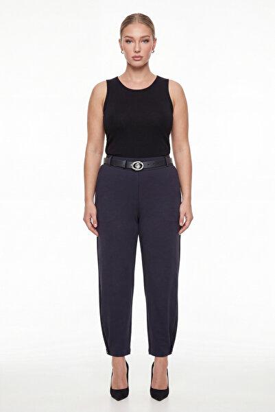 EXİTLİNE Women's Navy Blue Summer High-Waisted Pants with Belt and Leg Access...