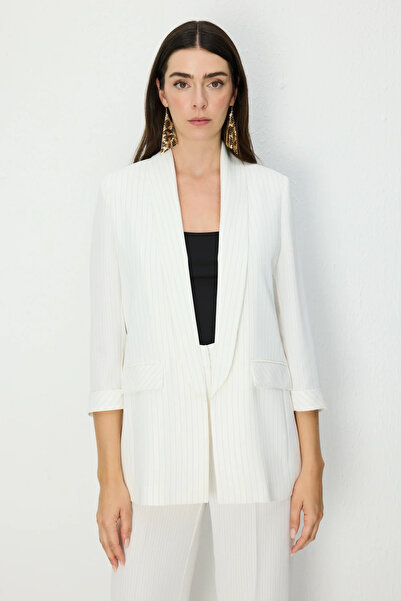Ekol Silvery Stripe Patterned Jacket with Flap Pockets-1346