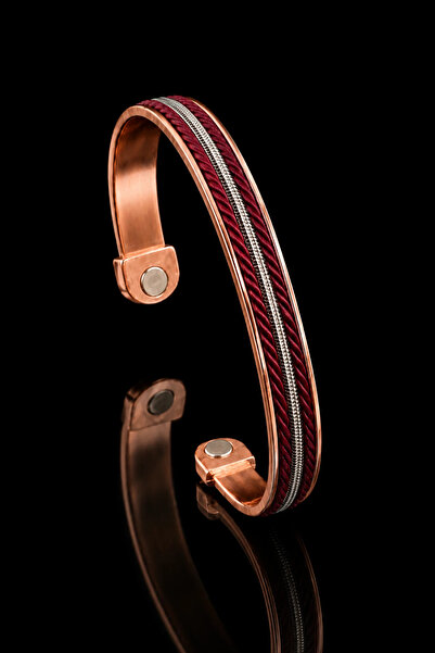 OSMANLI GÜMÜŞ Men's and Women's Copper Bracelet with Red Leather Strip on Top...