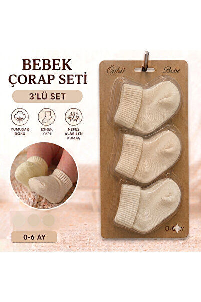 1ÖYKÜ BEBE Pamuklu Yenidoğan Bebek Çorabı 3’lü Set