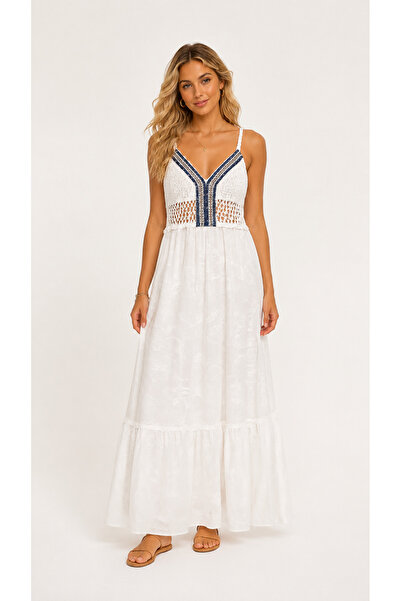 Sibel Günay Butik Women's Italian Cotton Denim Detailed Lace Maxi Dress – Lin...
