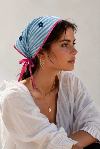 Handmade Betty Bands Blue and White Striped Tie Bandana Scarf Women's Hair Bandana Summer Shawl