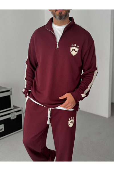 BYBASICMAN Burgundy R Embossed Half Zipper Sweat Res-1045