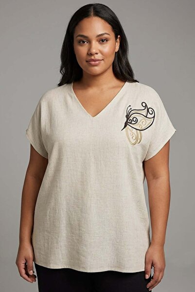 SERTUĞ Trend42Plus Plus Size Butterfly Embroidered Beige Blouse