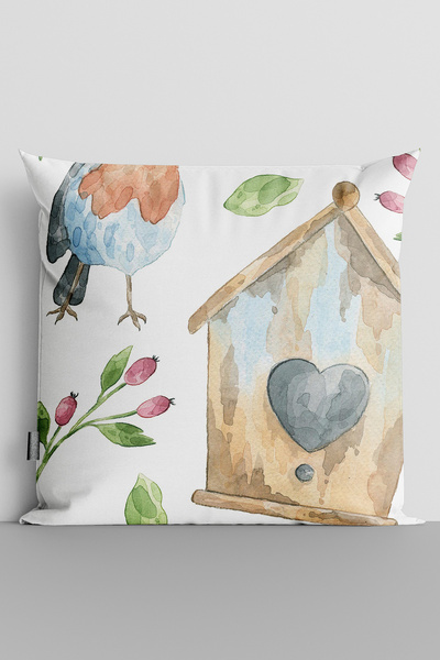 TicaretJet Bird Nest and Bird Double Sided Digital Printed Throw Pillow Cover