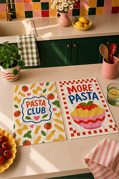 milroma Pasta Club More Pasta Italian Pasta Red Patterned Modern Retro 2'Li K...