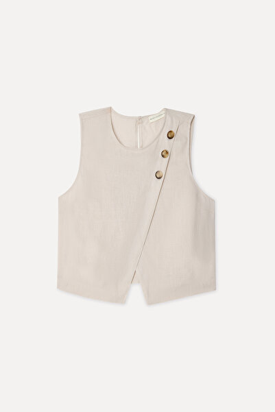Mudo Women's Beige Color Crop Sleeveless Linen Blouse