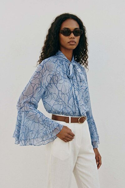 Sateen Patterned Scarf Blouse - Blue
