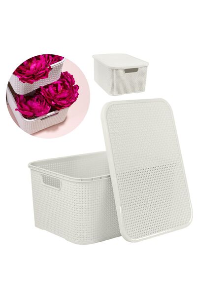 EDANTI Coș din ratan cu capac pentru obiecte mici, cosmetice, baie, 19L, alb
