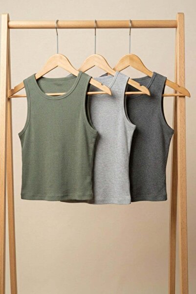 COTENCONCEPT 3 Pieces of Ribbed Fitted Viscose Blended Strappy T-Shirt