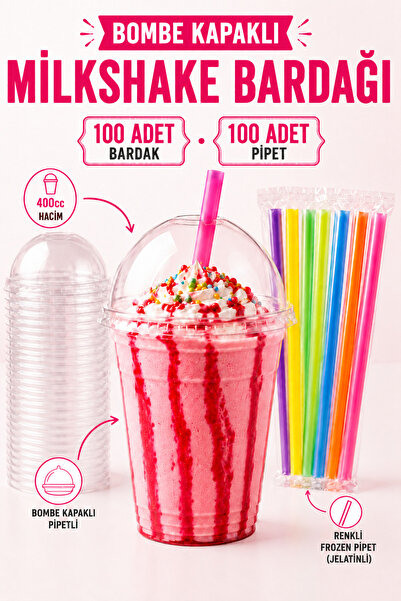Delvos 100 Adet Bombe Kapaklı Pipetli 400 Cc Plastik Pet Soğuk Kahve Limonata...