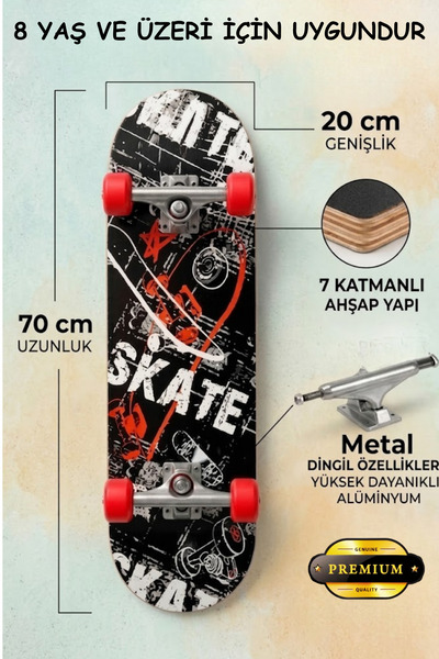 düşler oyuncak dünyası Ahşap Kaykay 70 cm 7 Katmanlı Ahşap Standart (8-14 yaş...