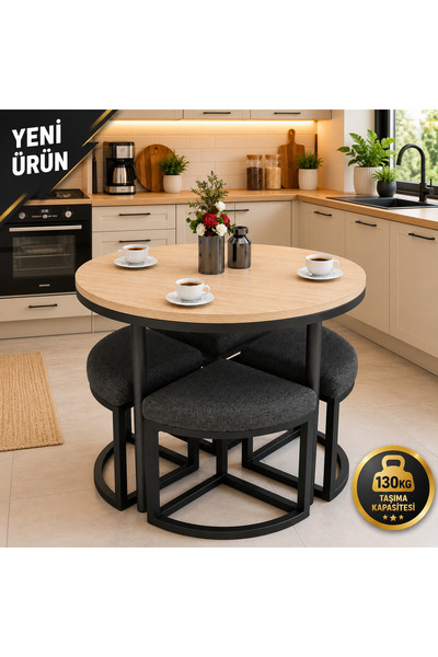 EDMONDA EV AKSESUAR ALARA 90 CM ÇAP SİYAH METAL YUVARLAK YEMEK MASASI TAKIMI ...