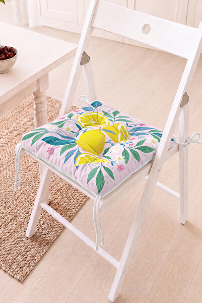 Home Limon ve Yaprak Desenli Pofidik Sandalye Minderi - Çiçekli Mutfak Dekora...