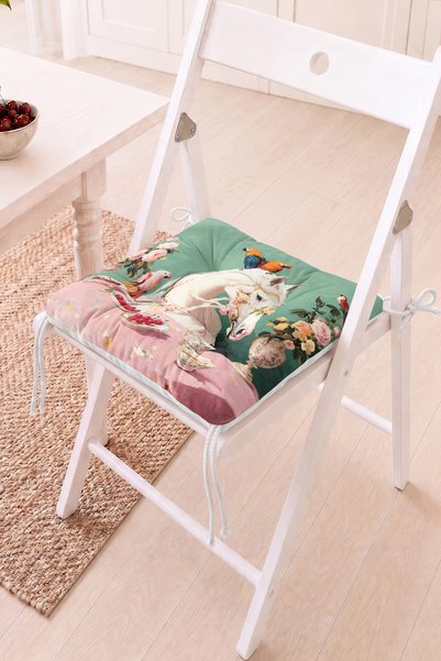 Home At Figürü ve Tropik Kuşlar Desenli Pofidik Sandalye Minderi - Çiçekli ve...