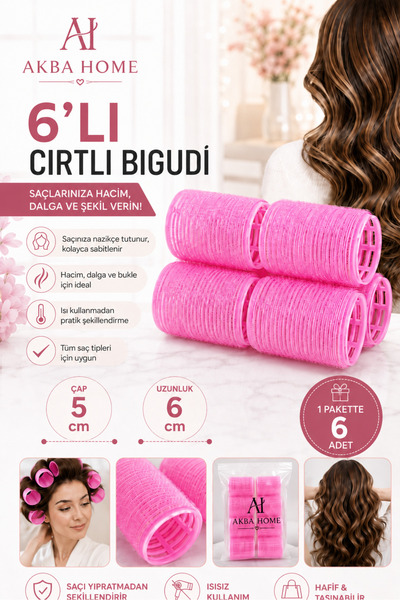 AKBA HOME 6’lı Cırtlı Bigudi 5 cm Çap Isısız Saç Şekillendirici Hacim Dalga B...