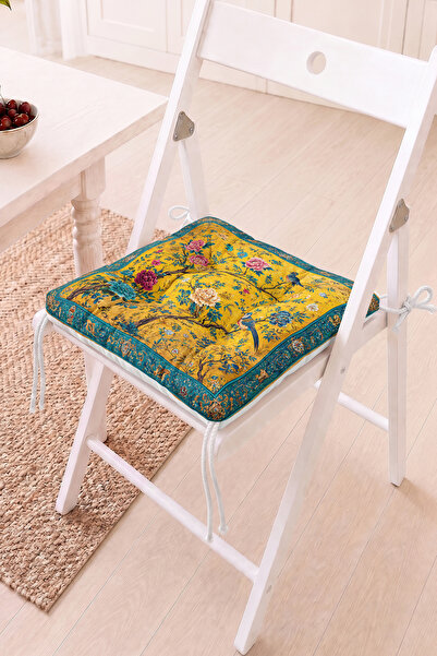 Home Sarı Çiçekli ve Kuş Figürlü Pofidik Sandalye Minderi - Vintage Dekoratif...