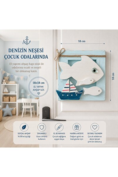 Atelye Karga 18x18 cm Ahşap Balıklı Çocuk Odası Kapı Süsü | El Yapımı Marine ...