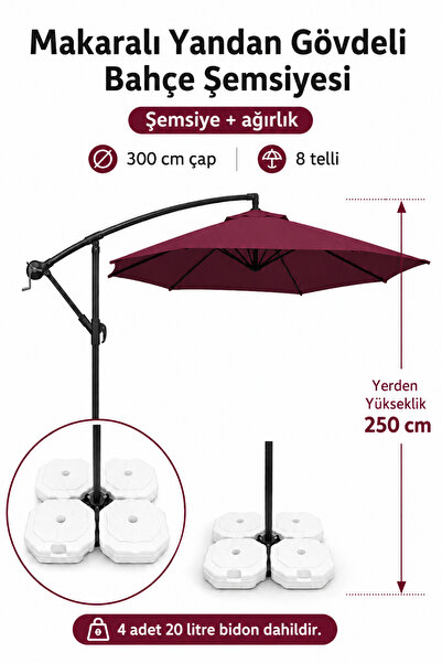 Burgundy Roller Garden Umbrella 300 cm Diameter / 8 Wires + 4 pcs 20 lt Fixing Drum INCLUDED