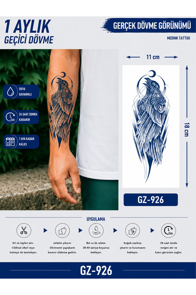 medink tattoo 1 Ay Kalıcı Sonradan Kararan 11X 18 cm Kuzgun model geçici dövm...
