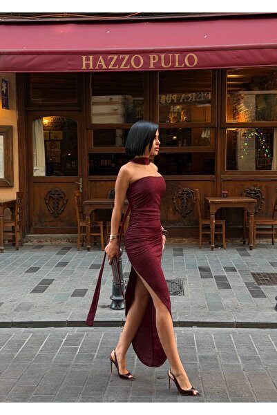 NİCE STYLE KADIN YIRTMAÇ DETAY KUŞAKLI FUL LİKRA SİMLİ KUMAŞ ELBİSE