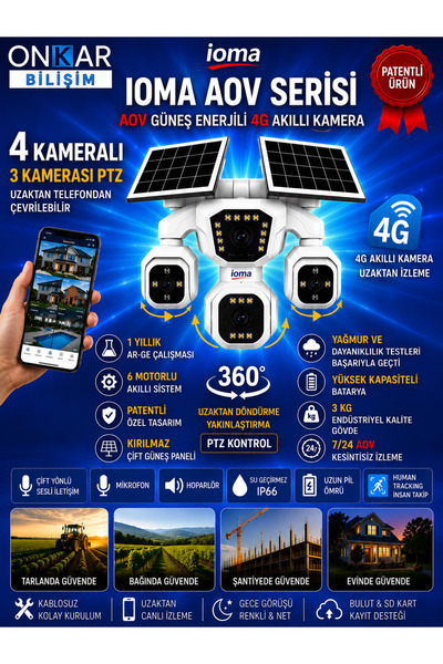Onkar Bilişim IOMA SG407 4 KAMERALI 3PTZ'li 4G Solar Güvenlik Kamerası 10X ZO...