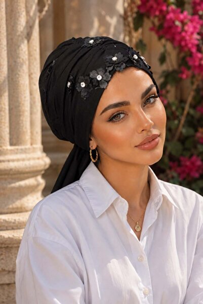 Aişe tesettür Black Floral Stone Evening Dress with Buckle Bonnet
