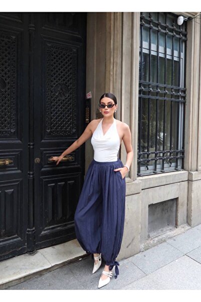 timagna Pantaloni de damă Shalwar, țesătură Tencel, cu pliuri, cu legătură la...