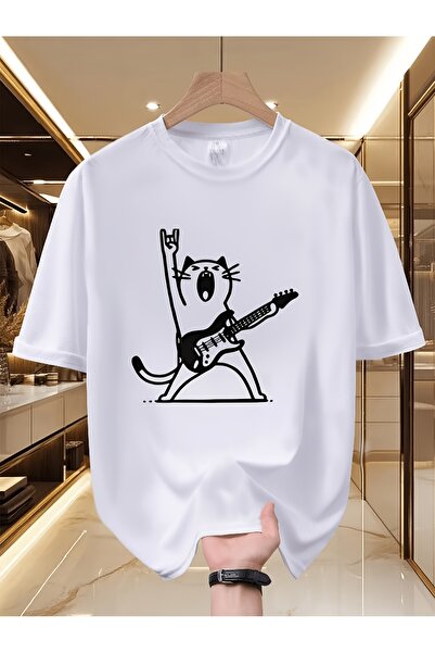 2mcup تي شيرت رجالي بأكمام قصيرة مطبوع عليه Rock Roll Guitar-Playing Cat، منا...