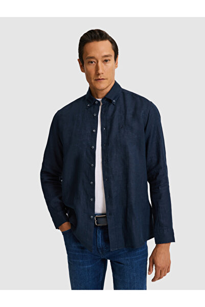 Cacharel Navy Blue Regular Fit Button-Collar Pure Linen Shirt 50319198-Vr033