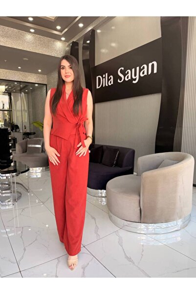 Dila Sayan Boutique Şal Yaka Kruvaze Keten Yelekli Pantolonlu Takım