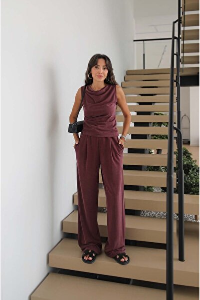Havoş Mürdüm Ön Drapeli Bluz Pantolon Takım