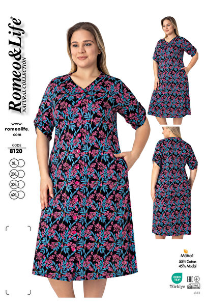 ROMEO LİFE Women's Plus Size Cotton Modal Fabric Patterned Buttoned Dress 8120