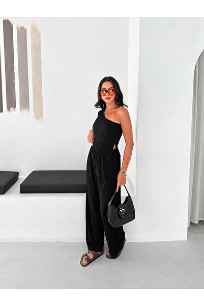 FEWTİNT Women's Black Bubble Fabric One-Shoulder Asymmetrical Blouse and Wide...