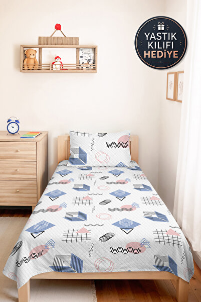 Evimde Bambaşka Blue Geometric Young Room Single Pique Set - Pastel Modern Pi...