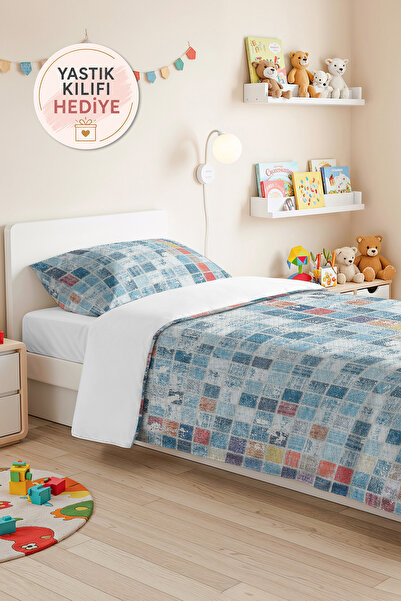 Evimde Bambaşka Blue Geometric Modern Young Room Single Pique Set-Color Block...